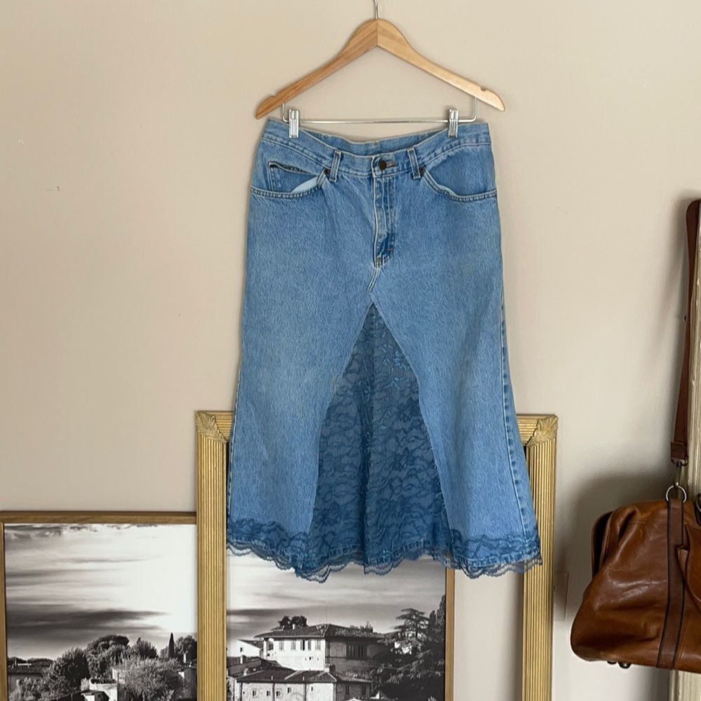 Vintage denim midi skirt re-worked size 12 light wash with lace